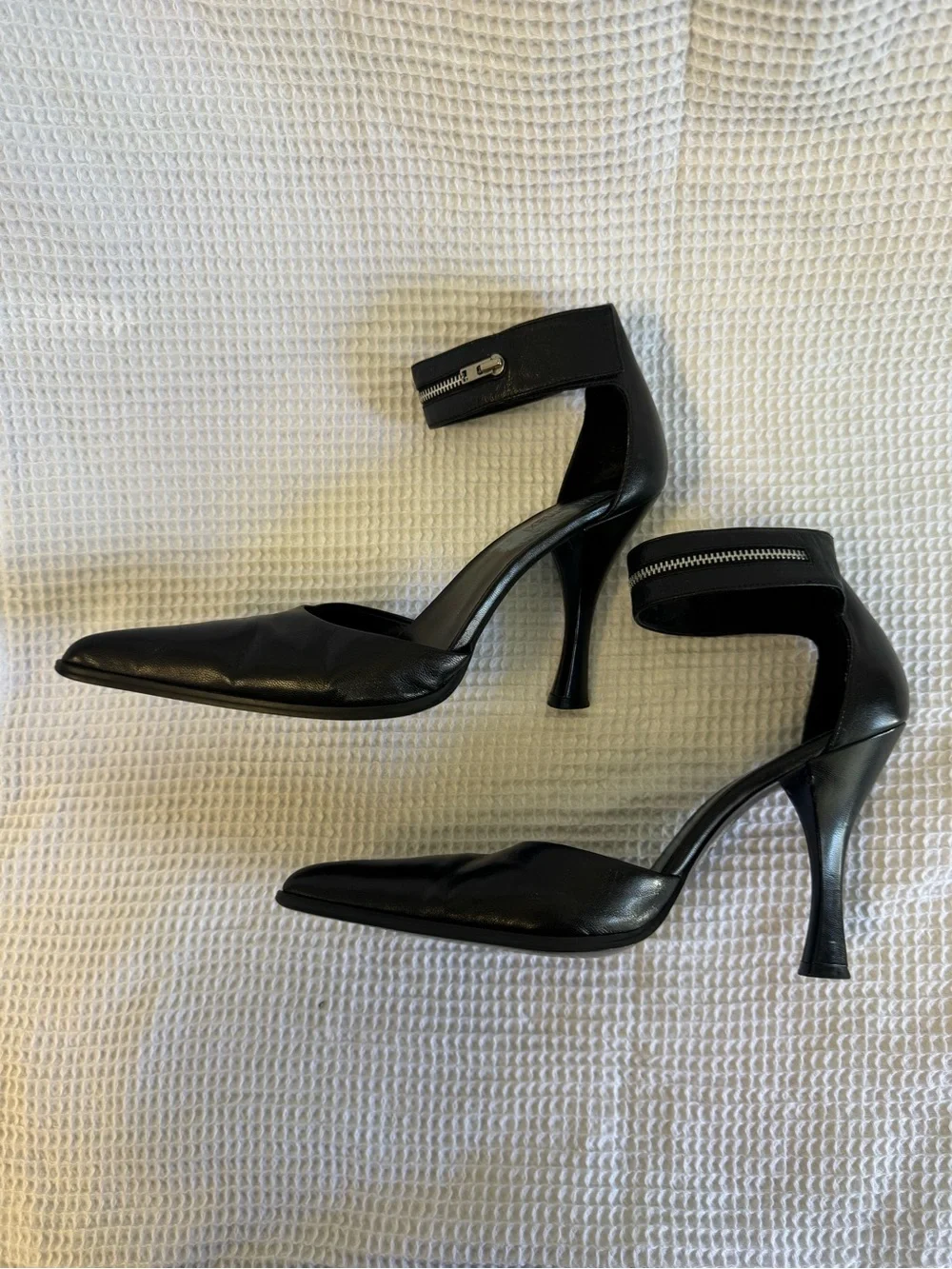 Black Pointed Ankle-Strap Stiletto Heels with Zip Accent